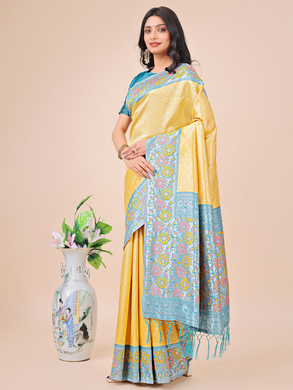 Shree Shyam Fashion Premium Yellow & Sky Blue Floral Woven Lichi Silk Saree with Rich Pallu & Tassels - Festive & Party Wear for Women | Grocsy