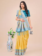 Shree Shyam Fashion Premium Yellow & Sky Blue Floral Woven Lichi Silk Saree with Rich Pallu & Tassels - Festive & Party Wear for Women | Grocsy