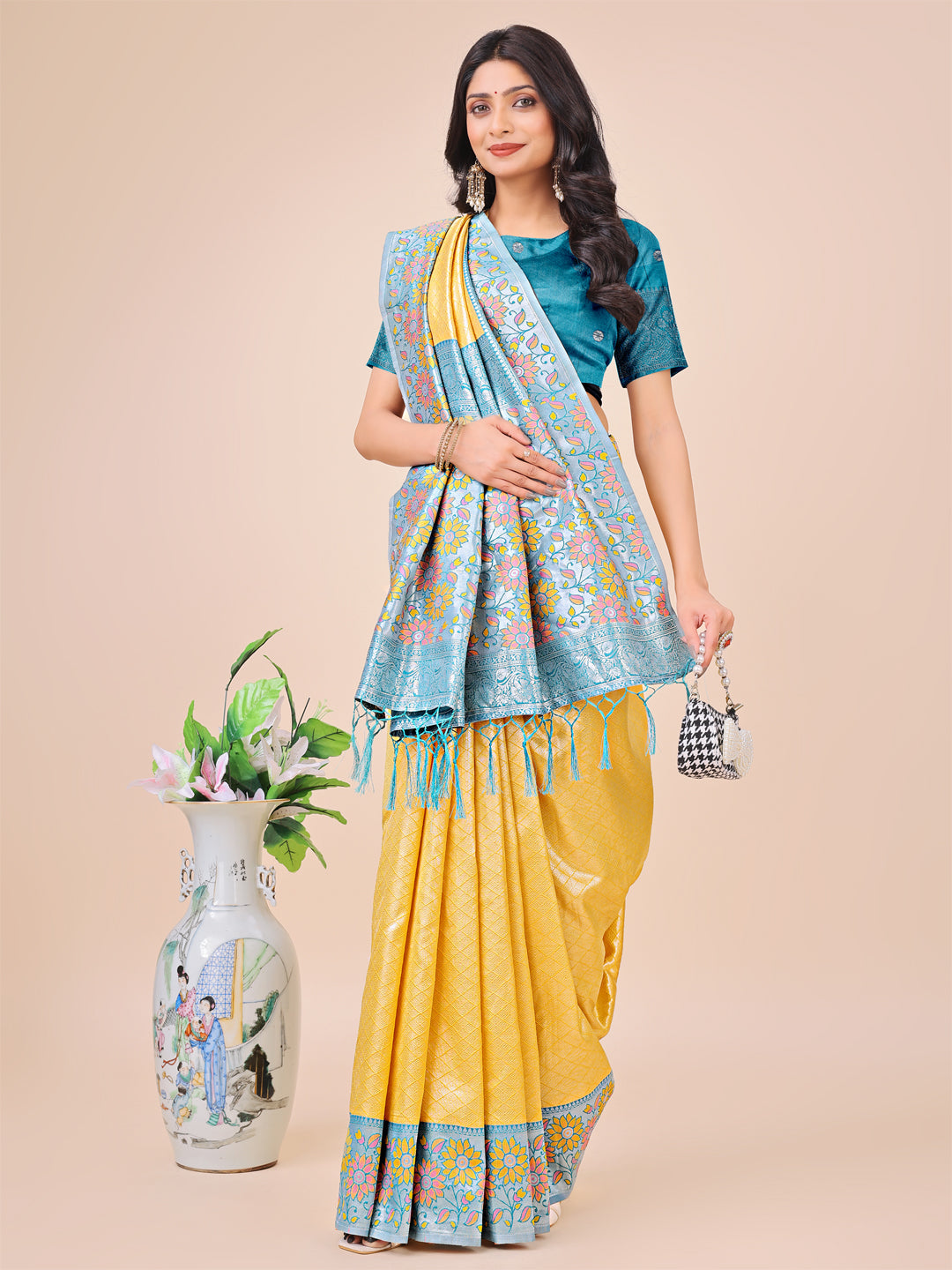 Shree Shyam Fashion Premium Yellow & Sky Blue Floral Woven Lichi Silk Saree with Rich Pallu & Tassels - Festive & Party Wear for Women | Grocsy