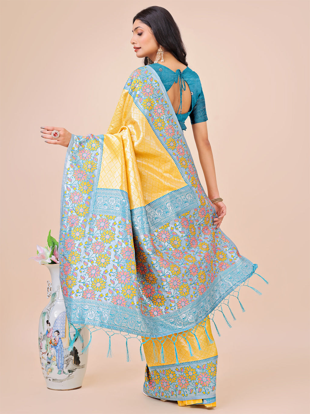 Shree Shyam Fashion Premium Yellow & Sky Blue Floral Woven Lichi Silk Saree with Rich Pallu & Tassels - Festive & Party Wear for Women | Grocsy