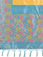 Shree Shyam Fashion Premium Yellow & Sky Blue Floral Woven Lichi Silk Saree with Rich Pallu & Tassels - Festive & Party Wear for Women | Grocsy