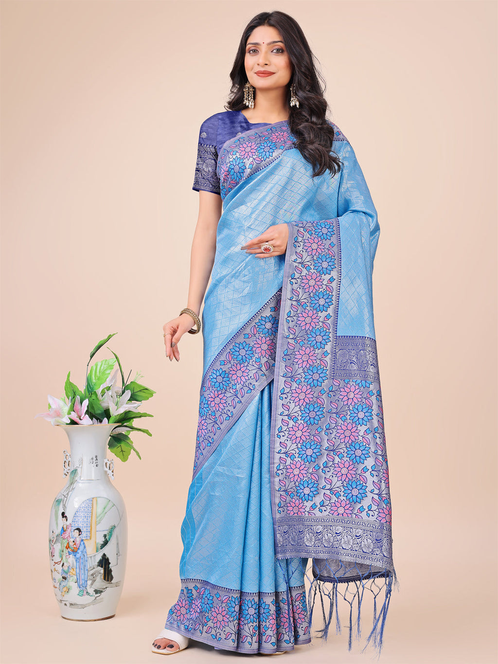 Shree Shyam Fashion Premium Sky Blue Floral Woven Lichi Silk Saree with Rich Pallu & Tassels - Festive & Party Wear for Women | Grocsy