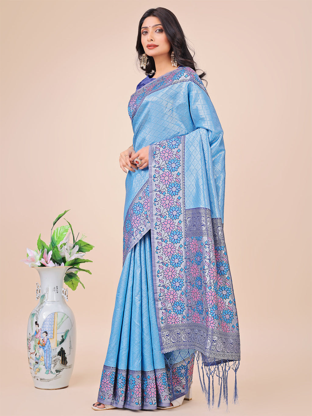 Shree Shyam Fashion Premium Sky Blue Floral Woven Lichi Silk Saree with Rich Pallu & Tassels - Festive & Party Wear for Women | Grocsy