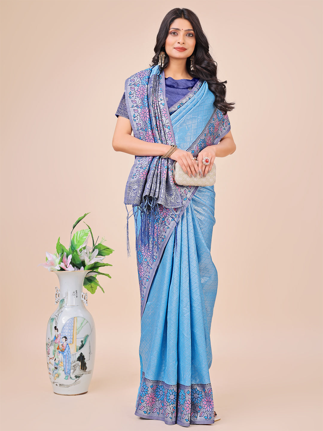 Shree Shyam Fashion Premium Sky Blue Floral Woven Lichi Silk Saree with Rich Pallu & Tassels - Festive & Party Wear for Women | Grocsy