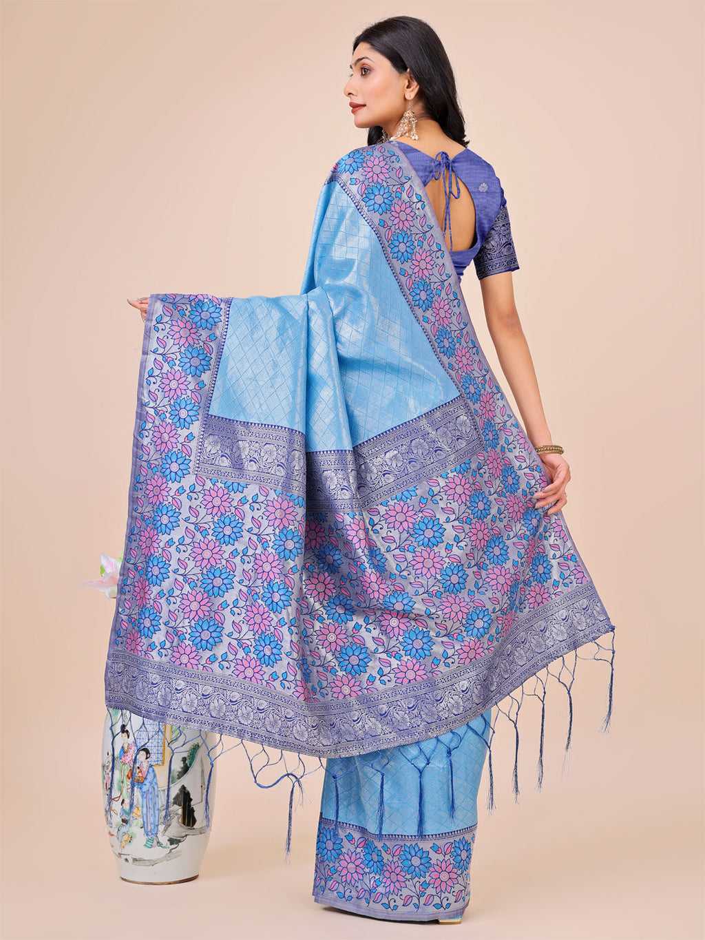 Shree Shyam Fashion Premium Sky Blue Floral Woven Lichi Silk Saree with Rich Pallu & Tassels - Festive & Party Wear for Women | Grocsy