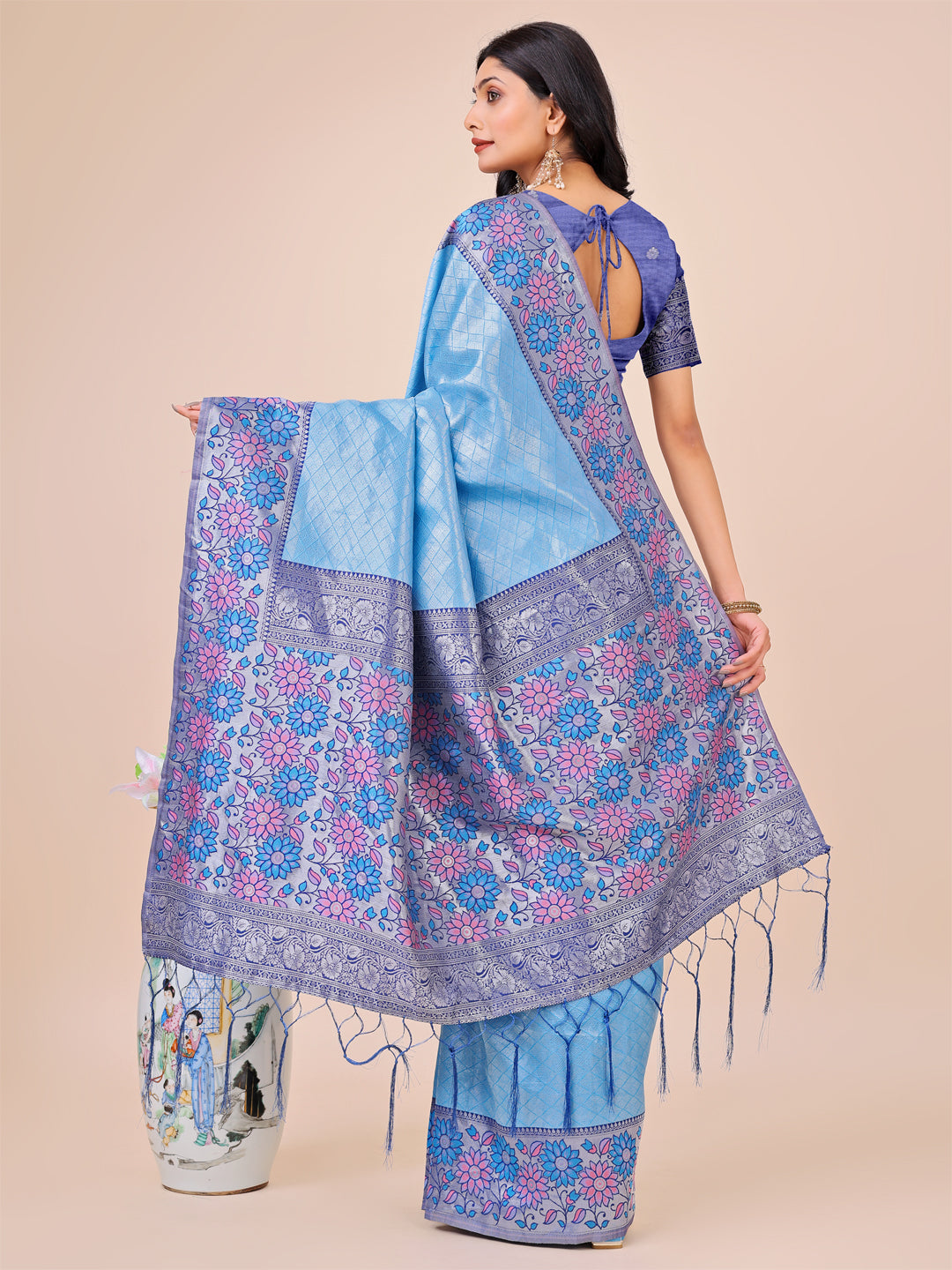 Shree Shyam Fashion Premium Sky Blue Floral Woven Lichi Silk Saree with Rich Pallu & Tassels - Festive & Party Wear for Women | Grocsy