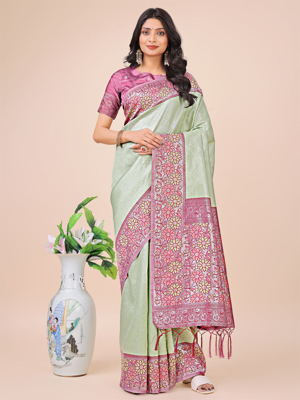 Shree Shyam Fashion Premium Olive Green & Pink Floral Woven Lichi Silk Saree with Rich Pallu & Tassels - Festive & Party Wear for Women | Grocsy