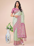 Shree Shyam Fashion Premium Olive Green & Pink Floral Woven Lichi Silk Saree with Rich Pallu & Tassels - Festive & Party Wear for Women | Grocsy