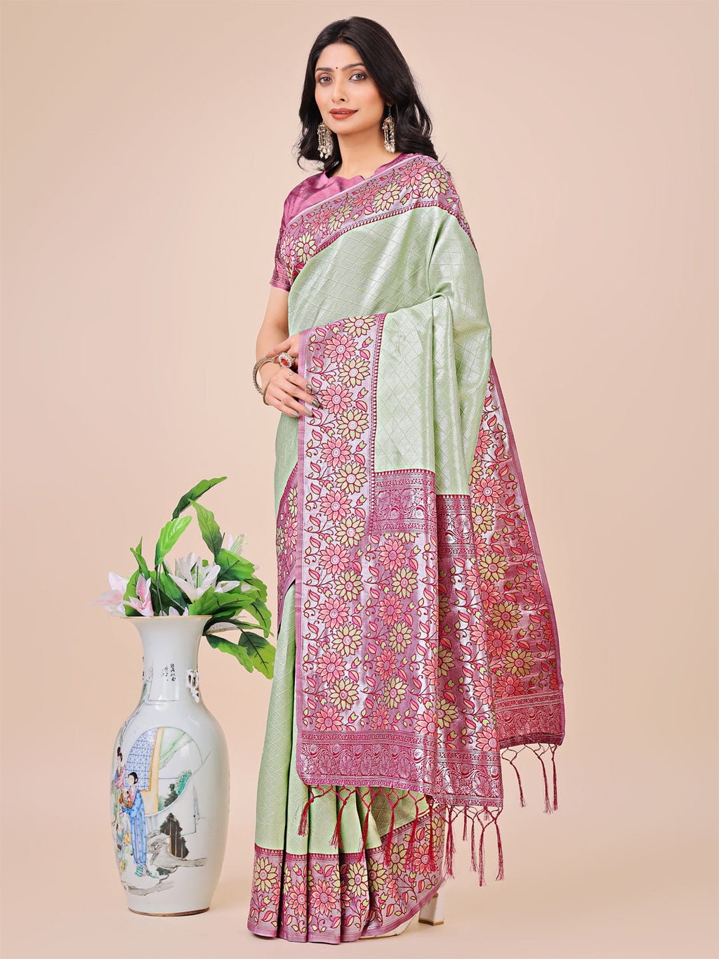 Shree Shyam Fashion Premium Olive Green & Pink Floral Woven Lichi Silk Saree with Rich Pallu & Tassels - Festive & Party Wear for Women | Grocsy