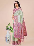 Shree Shyam Fashion Premium Olive Green & Pink Floral Woven Lichi Silk Saree with Rich Pallu & Tassels - Festive & Party Wear for Women | Grocsy