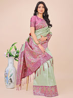 Shree Shyam Fashion Premium Olive Green & Pink Floral Woven Lichi Silk Saree with Rich Pallu & Tassels - Festive & Party Wear for Women | Grocsy