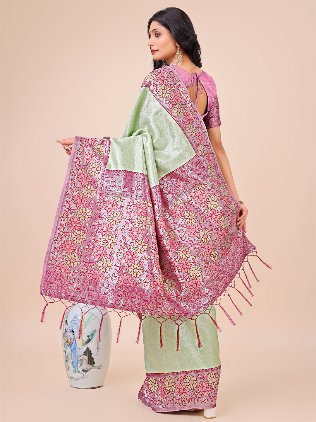 Shree Shyam Fashion Premium Olive Green & Pink Floral Woven Lichi Silk Saree with Rich Pallu & Tassels - Festive & Party Wear for Women | Grocsy