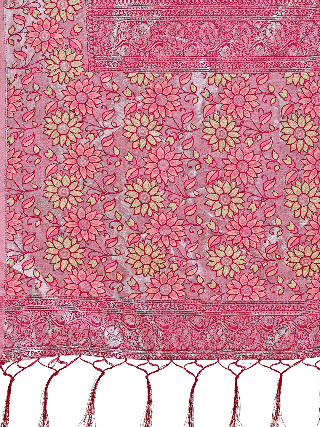 Shree Shyam Fashion Premium Olive Green & Pink Floral Woven Lichi Silk Saree with Rich Pallu & Tassels - Festive & Party Wear for Women | Grocsy