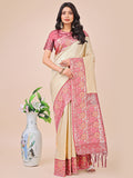 Shree Shyam Fashion Premium Cream & Red Floral Woven Lichi Silk Saree with Rich Pallu & Tassels - Festive & Party Wear for Women | Grocsy