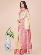 Shree Shyam Fashion Premium Cream & Red Floral Woven Lichi Silk Saree with Rich Pallu & Tassels - Festive & Party Wear for Women | Grocsy
