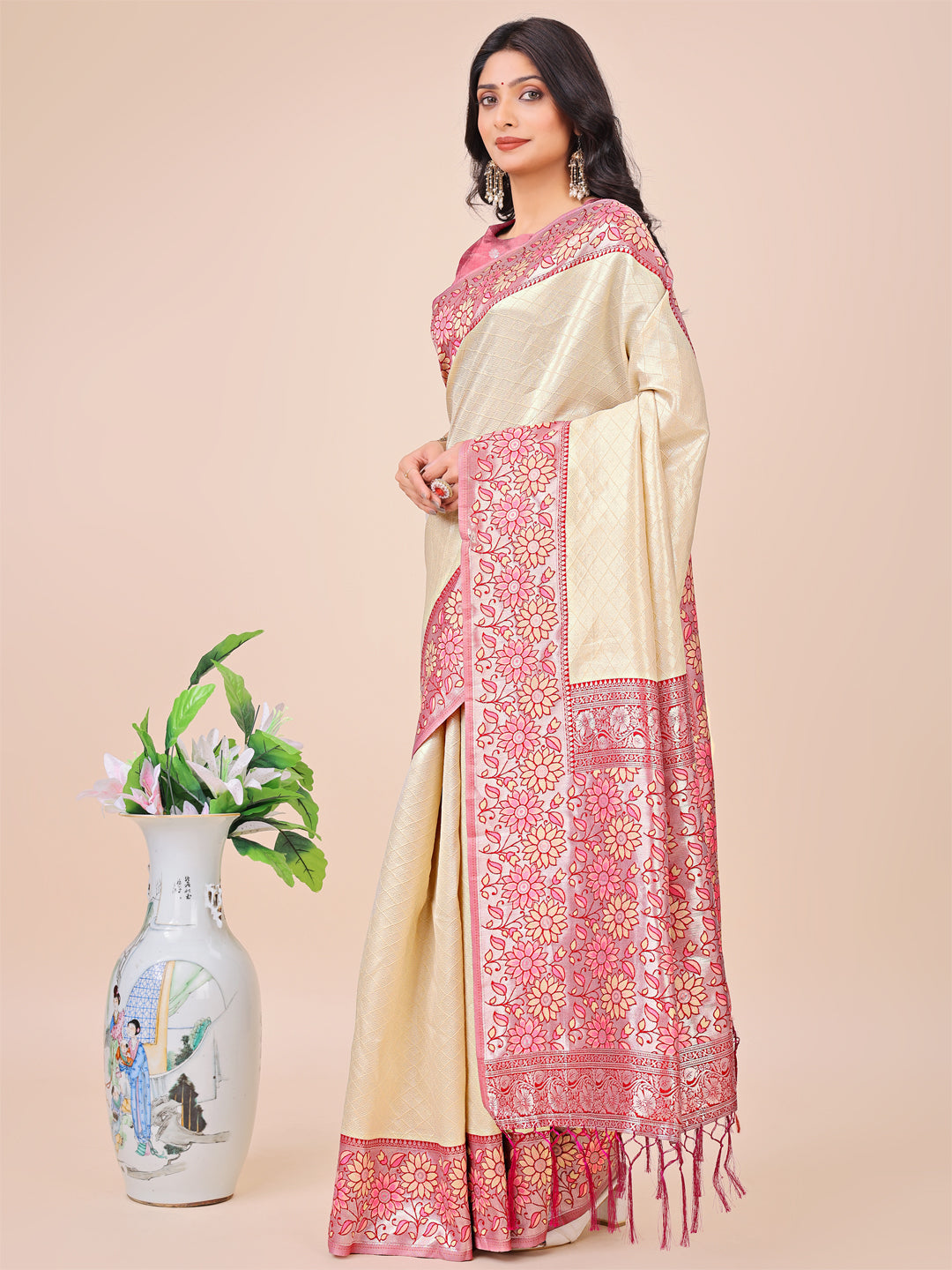 Shree Shyam Fashion Premium Cream & Red Floral Woven Lichi Silk Saree with Rich Pallu & Tassels - Festive & Party Wear for Women | Grocsy