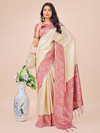 Shree Shyam Fashion Premium Cream & Red Floral Woven Lichi Silk Saree with Rich Pallu & Tassels - Festive & Party Wear for Women | Grocsy