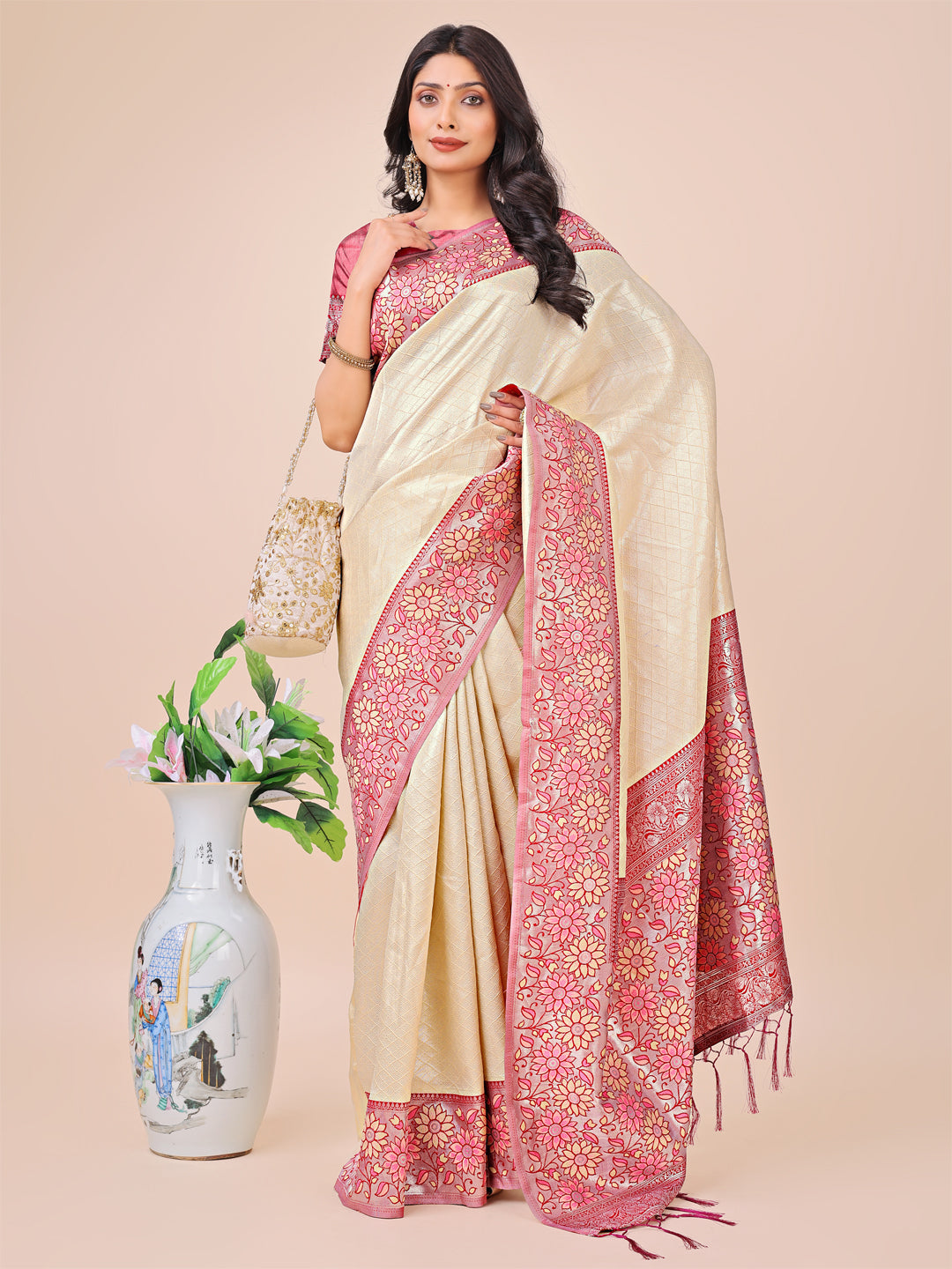 Shree Shyam Fashion Premium Cream & Red Floral Woven Lichi Silk Saree with Rich Pallu & Tassels - Festive & Party Wear for Women | Grocsy