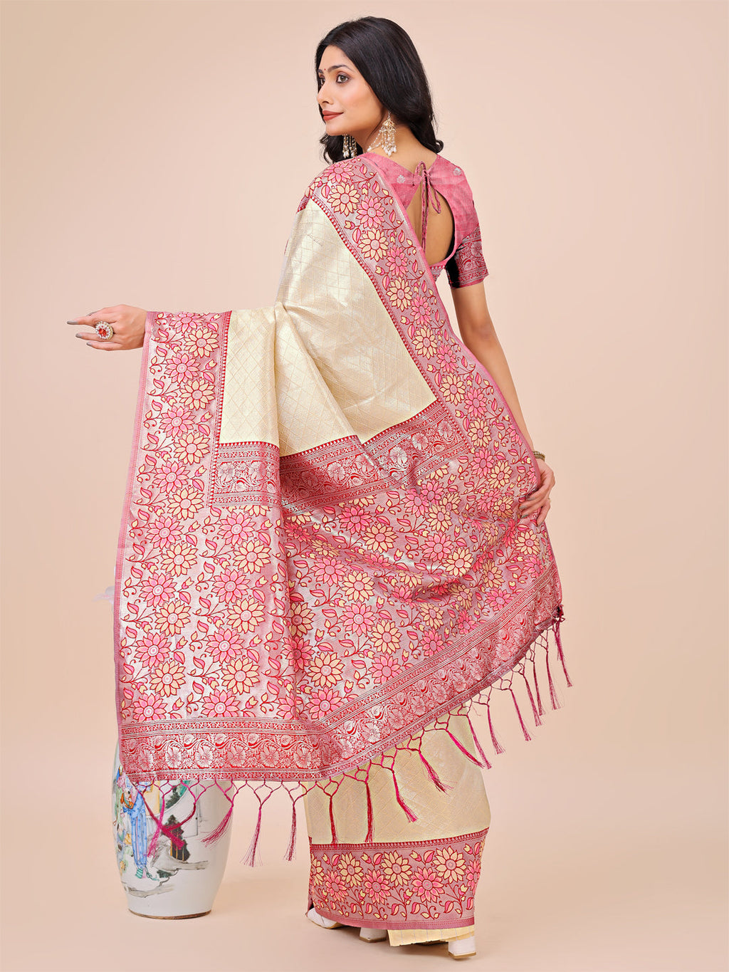 Shree Shyam Fashion Premium Cream & Red Floral Woven Lichi Silk Saree with Rich Pallu & Tassels - Festive & Party Wear for Women | Grocsy