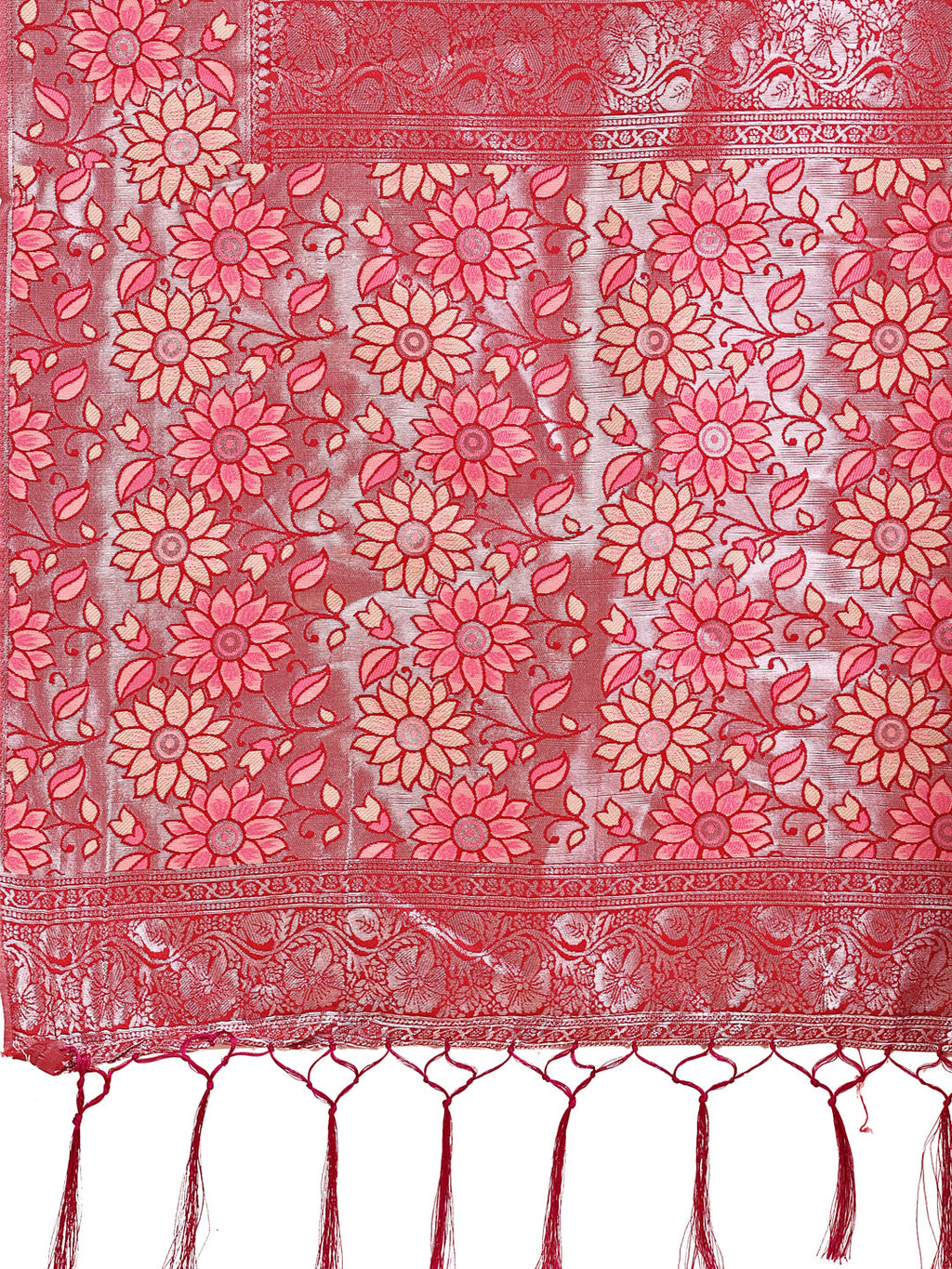 Shree Shyam Fashion Premium Cream & Red Floral Woven Lichi Silk Saree with Rich Pallu & Tassels - Festive & Party Wear for Women | Grocsy