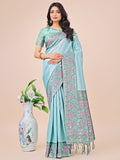 Shree Shyam Fashion Premium Teal & Green Floral Woven Lichi Silk Saree with Rich Pallu & Tassels - Festive & Party Wear for Women | Grocsy