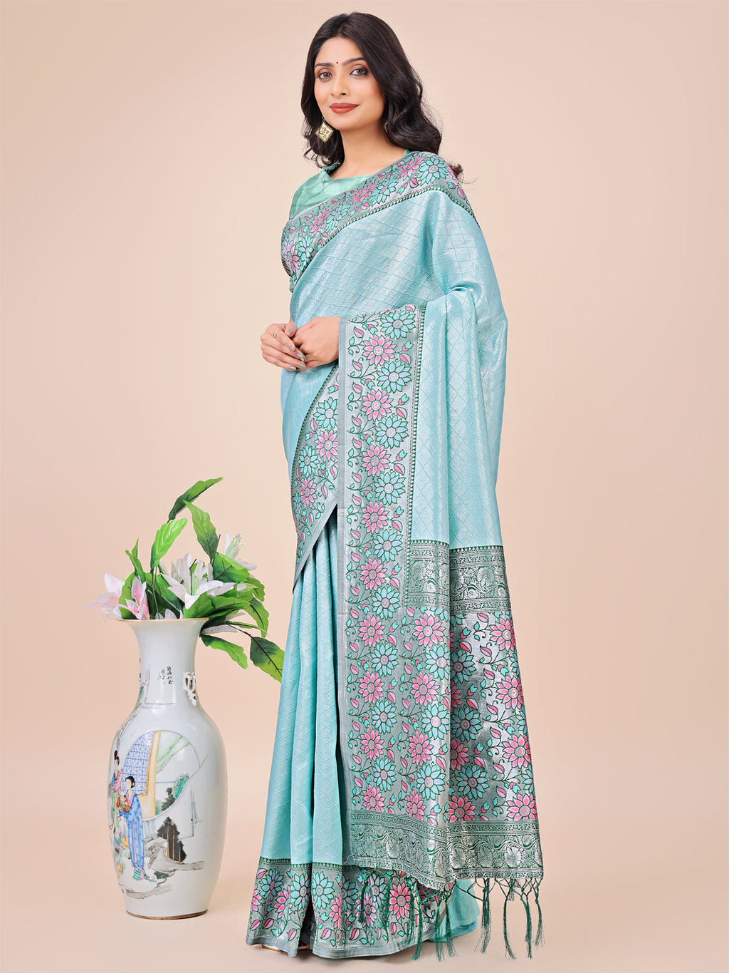 Shree Shyam Fashion Premium Teal & Green Floral Woven Lichi Silk Saree with Rich Pallu & Tassels - Festive & Party Wear for Women | Grocsy