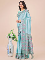 Shree Shyam Fashion Premium Teal & Green Floral Woven Lichi Silk Saree with Rich Pallu & Tassels - Festive & Party Wear for Women | Grocsy