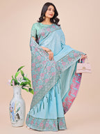 Shree Shyam Fashion Premium Teal & Green Floral Woven Lichi Silk Saree with Rich Pallu & Tassels - Festive & Party Wear for Women | Grocsy