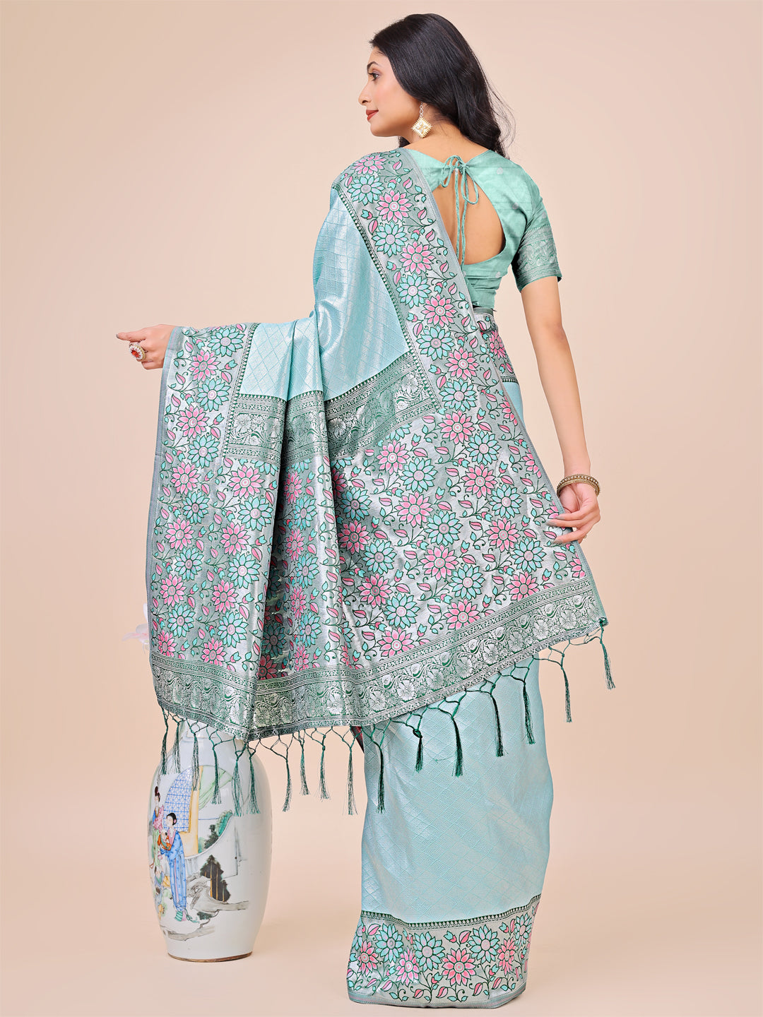 Shree Shyam Fashion Premium Teal & Green Floral Woven Lichi Silk Saree with Rich Pallu & Tassels - Festive & Party Wear for Women | Grocsy