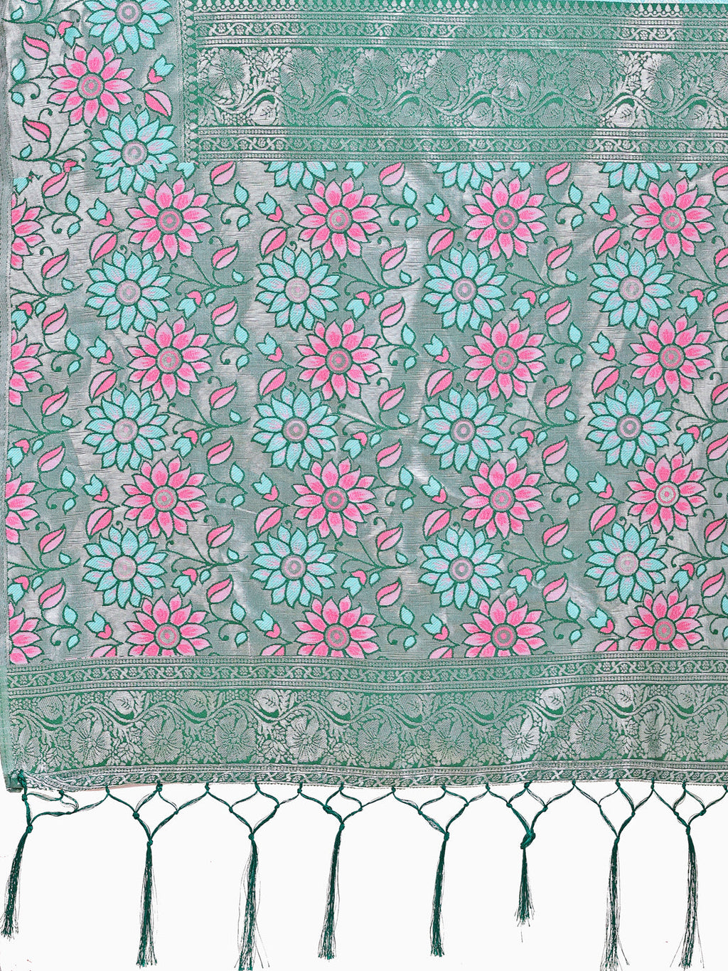 Shree Shyam Fashion Premium Teal & Green Floral Woven Lichi Silk Saree with Rich Pallu & Tassels - Festive & Party Wear for Women | Grocsy