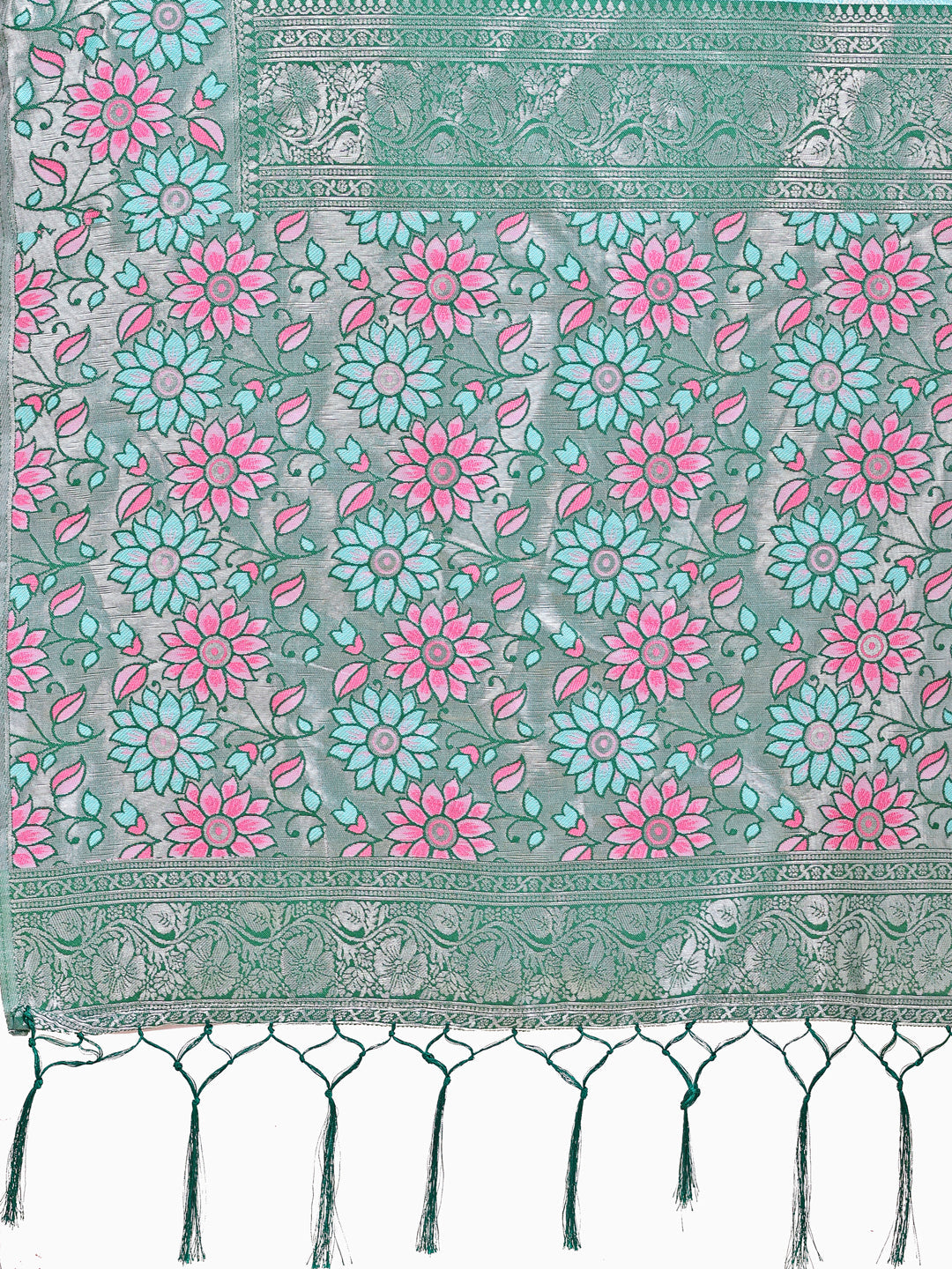 Shree Shyam Fashion Premium Teal & Green Floral Woven Lichi Silk Saree with Rich Pallu & Tassels - Festive & Party Wear for Women | Grocsy