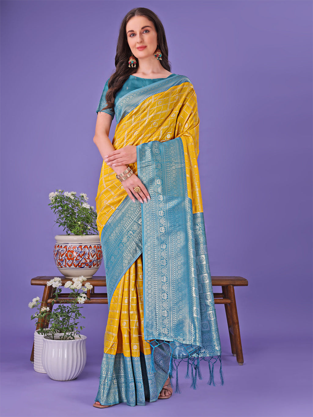 Shree Shyam Fashion Vibrant Yellow & Blue Lichi Silk Saree with Rich Woven Border and Contrast Blouse - Festive & Wedding Wear | Grocsy