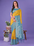 Shree Shyam Fashion Vibrant Yellow & Blue Lichi Silk Saree with Rich Woven Border and Contrast Blouse - Festive & Wedding Wear | Grocsy