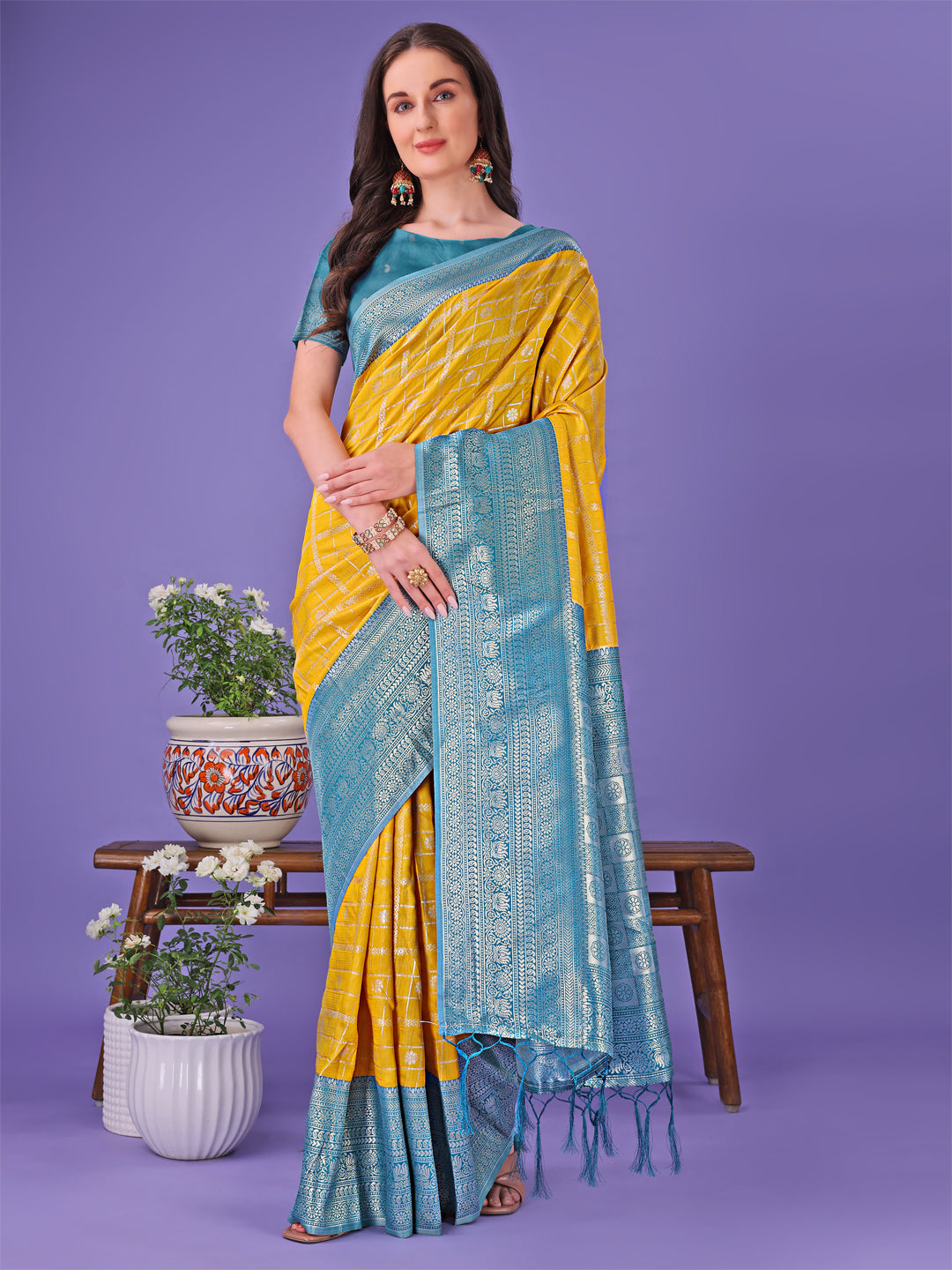 Shree Shyam Fashion Vibrant Yellow & Blue Lichi Silk Saree with Rich Woven Border and Contrast Blouse - Festive & Wedding Wear | Grocsy