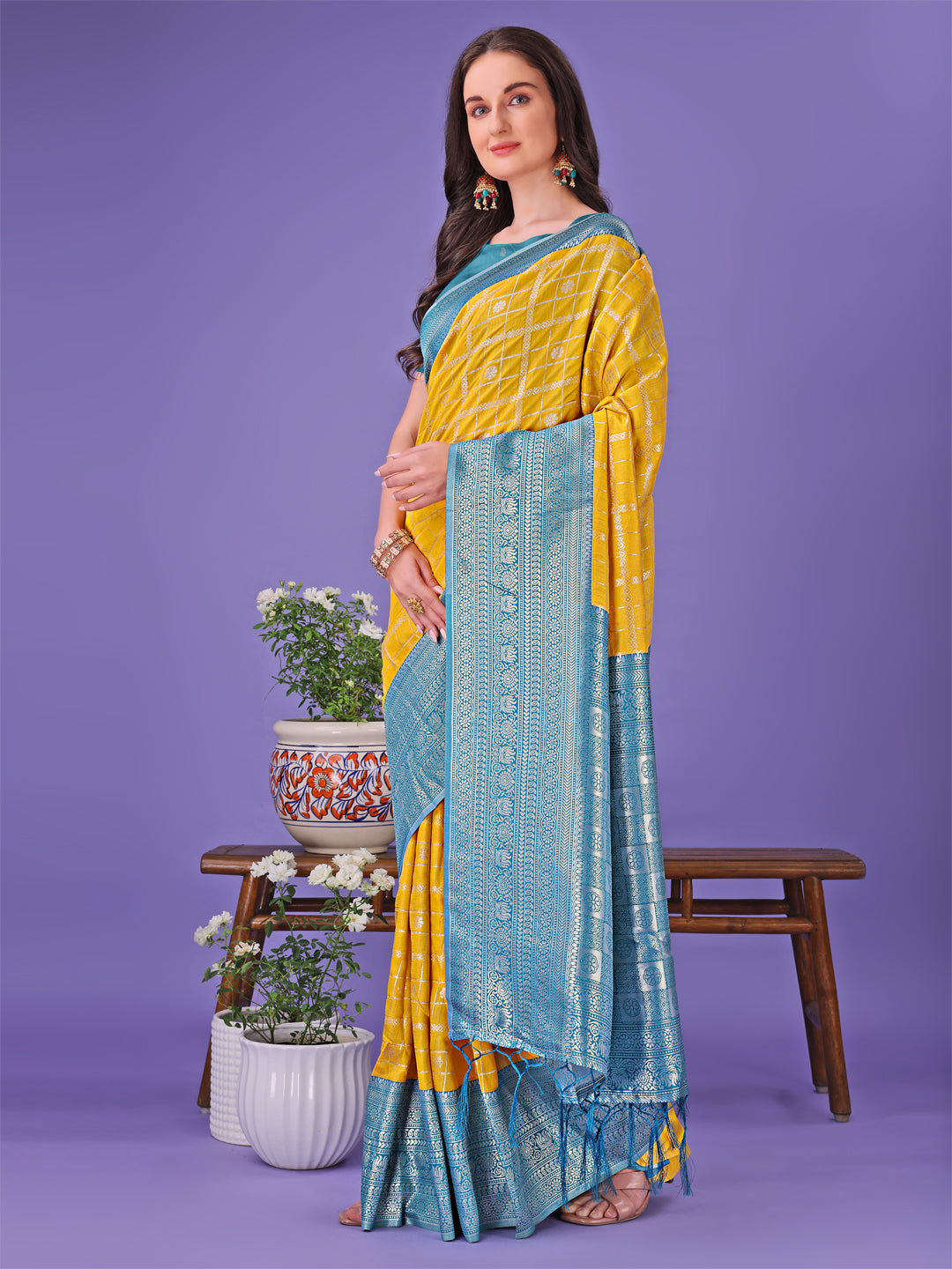 Shree Shyam Fashion Vibrant Yellow & Blue Lichi Silk Saree with Rich Woven Border and Contrast Blouse - Festive & Wedding Wear | Grocsy