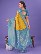 Shree Shyam Fashion Vibrant Yellow & Blue Lichi Silk Saree with Rich Woven Border and Contrast Blouse - Festive & Wedding Wear | Grocsy