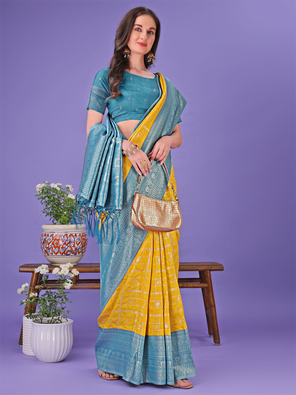 Shree Shyam Fashion Vibrant Yellow & Blue Lichi Silk Saree with Rich Woven Border and Contrast Blouse - Festive & Wedding Wear | Grocsy