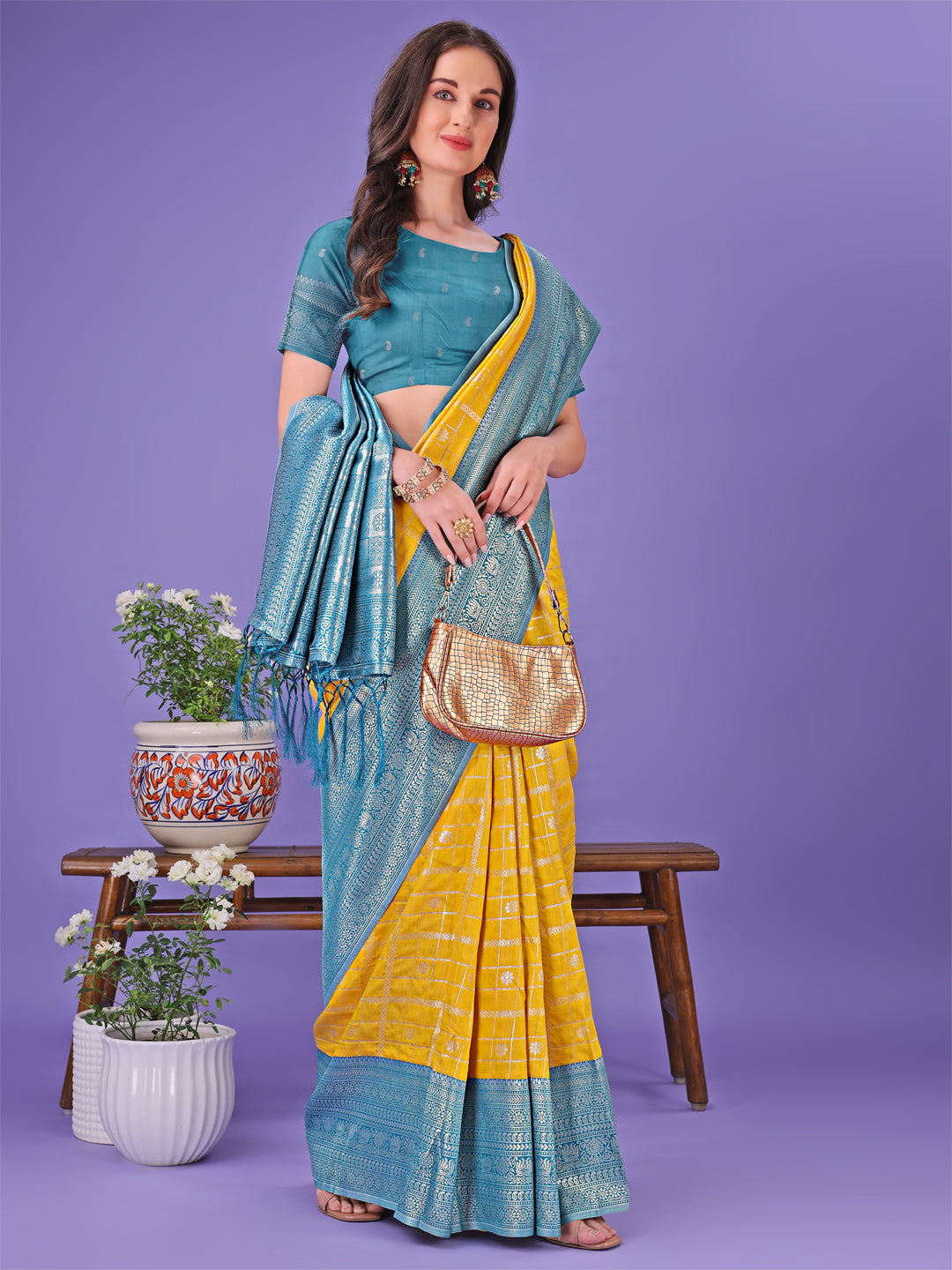 Shree Shyam Fashion Vibrant Yellow & Blue Lichi Silk Saree with Rich Woven Border and Contrast Blouse - Festive & Wedding Wear | Grocsy