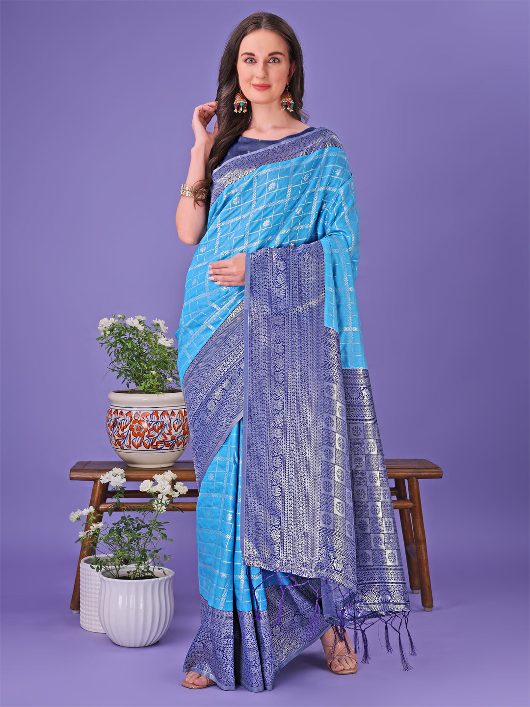 Shree Shyam Fashion Vibrant Sky Blue & Blue Lichi Silk Saree with Rich Woven Border and Contrast Blouse - Festive & Wedding Wear | Grocsy