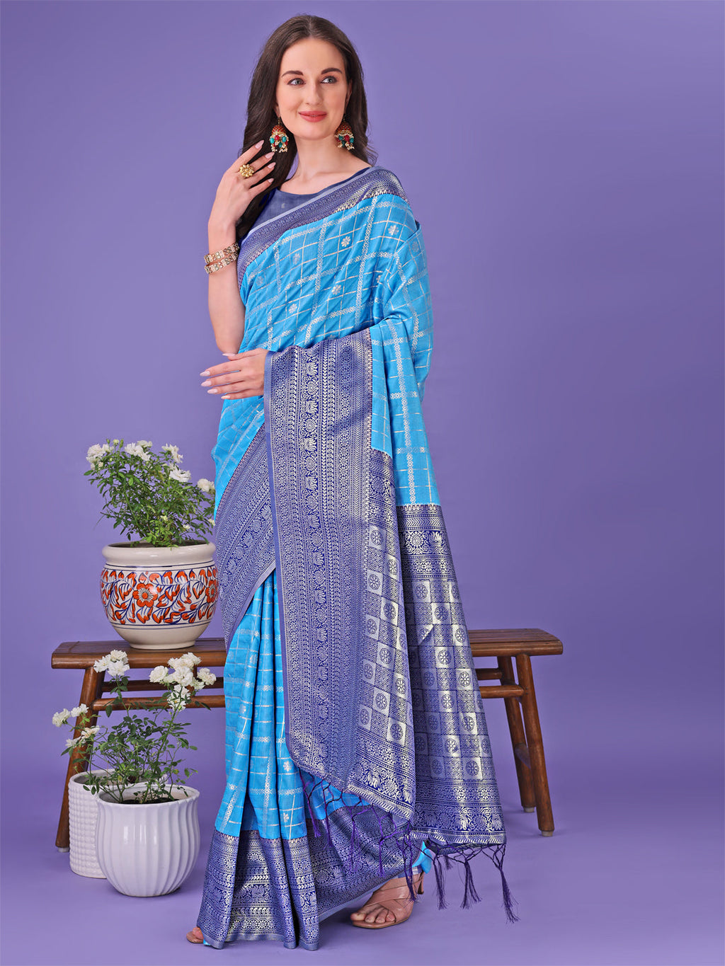Shree Shyam Fashion Vibrant Sky Blue & Blue Lichi Silk Saree with Rich Woven Border and Contrast Blouse - Festive & Wedding Wear | Grocsy