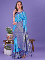 Shree Shyam Fashion Vibrant Sky Blue & Blue Lichi Silk Saree with Rich Woven Border and Contrast Blouse - Festive & Wedding Wear | Grocsy