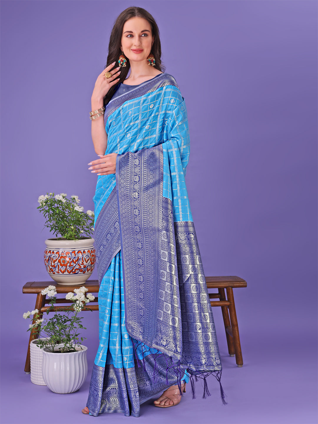 Shree Shyam Fashion Vibrant Sky Blue & Blue Lichi Silk Saree with Rich Woven Border and Contrast Blouse - Festive & Wedding Wear | Grocsy