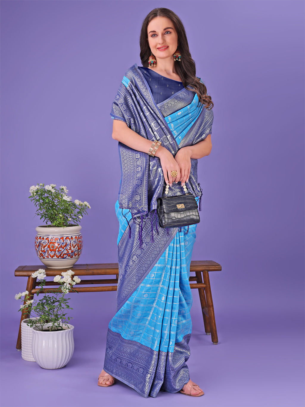 Shree Shyam Fashion Vibrant Sky Blue & Blue Lichi Silk Saree with Rich Woven Border and Contrast Blouse - Festive & Wedding Wear | Grocsy