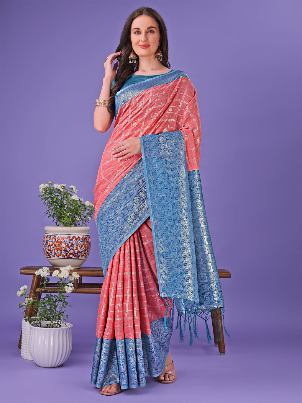 Shree Shyam Fashion Vibrant Peach & Teal Lichi Silk Saree with Rich Woven Border and Contrast Blouse - Festive & Wedding Wear | Grocsy