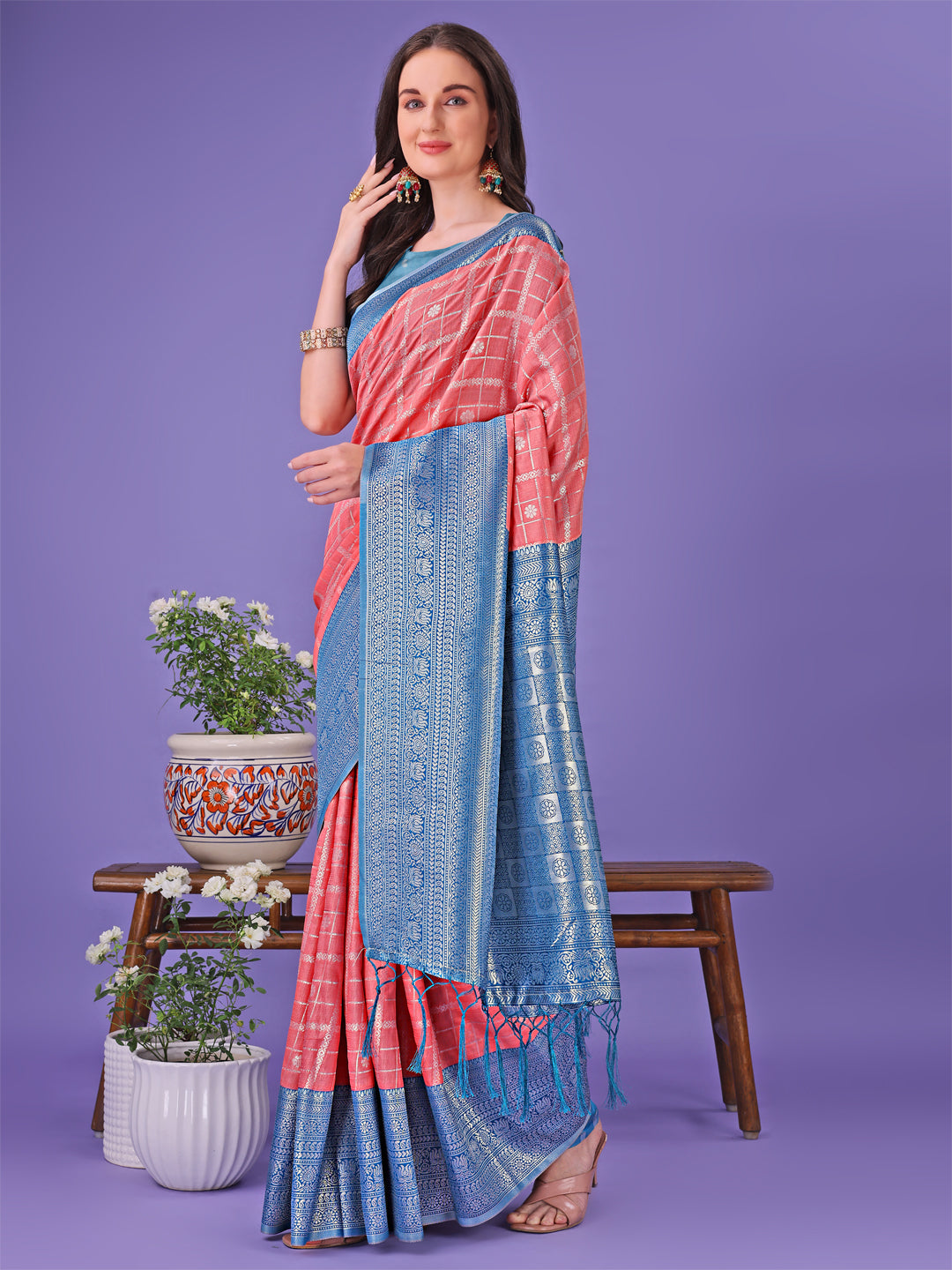 Shree Shyam Fashion Vibrant Peach & Teal Lichi Silk Saree with Rich Woven Border and Contrast Blouse - Festive & Wedding Wear | Grocsy