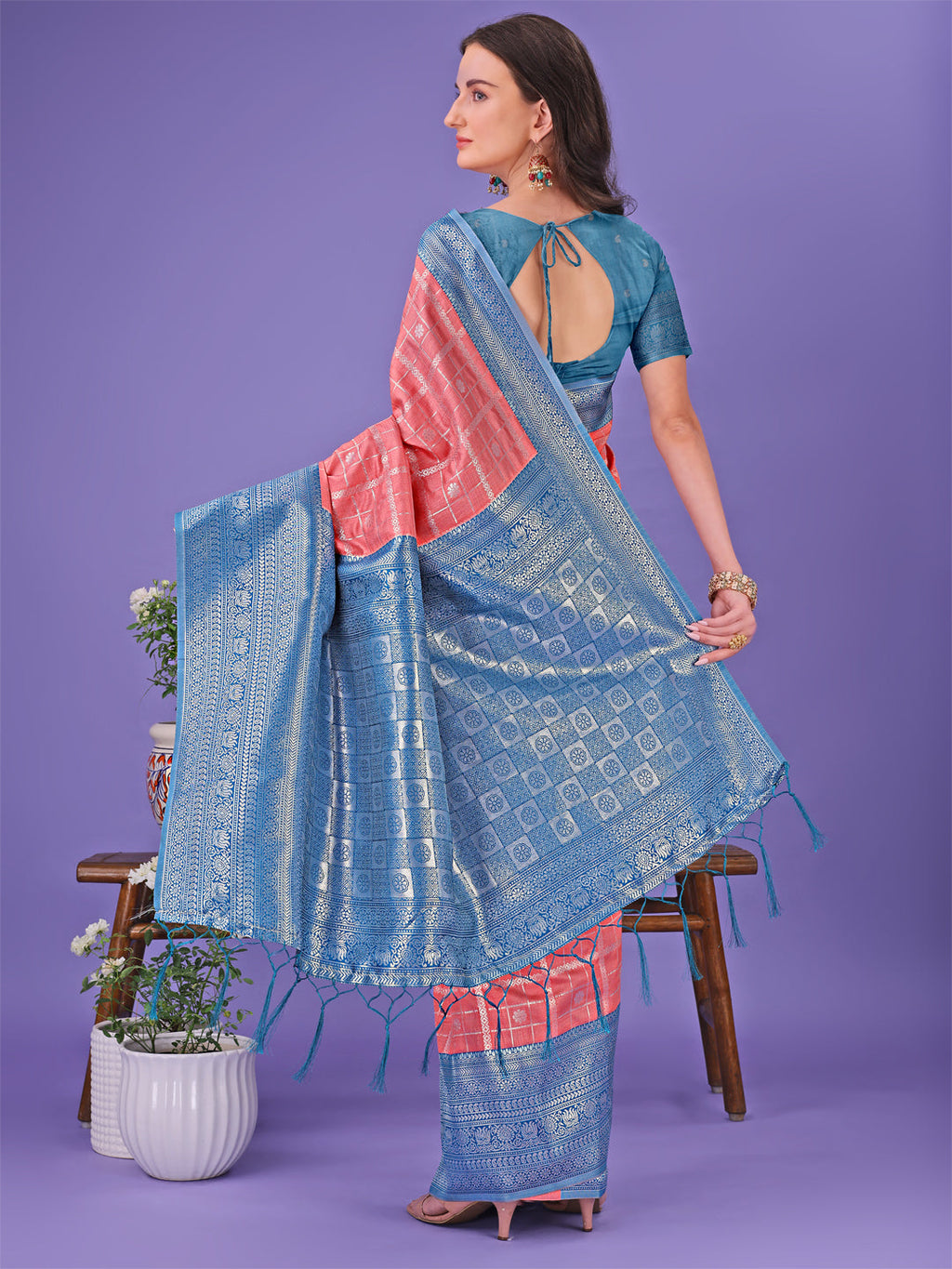 Shree Shyam Fashion Vibrant Peach & Teal Lichi Silk Saree with Rich Woven Border and Contrast Blouse - Festive & Wedding Wear | Grocsy