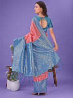 Shree Shyam Fashion Vibrant Peach & Teal Lichi Silk Saree with Rich Woven Border and Contrast Blouse - Festive & Wedding Wear | Grocsy