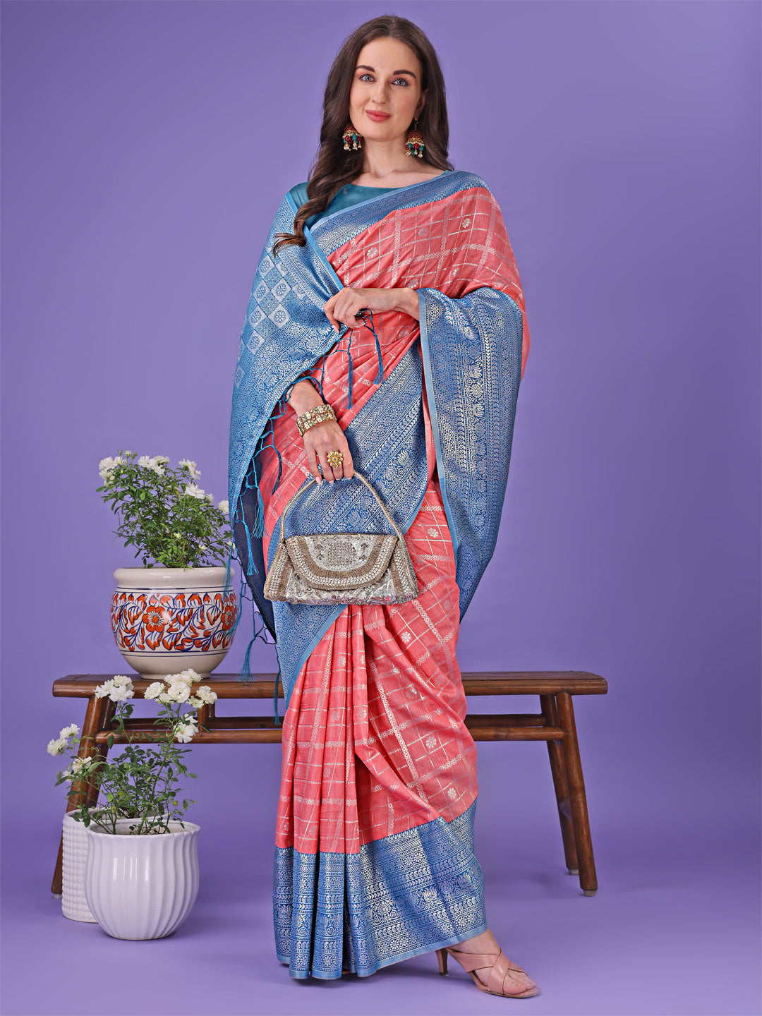 Shree Shyam Fashion Vibrant Peach & Teal Lichi Silk Saree with Rich Woven Border and Contrast Blouse - Festive & Wedding Wear | Grocsy