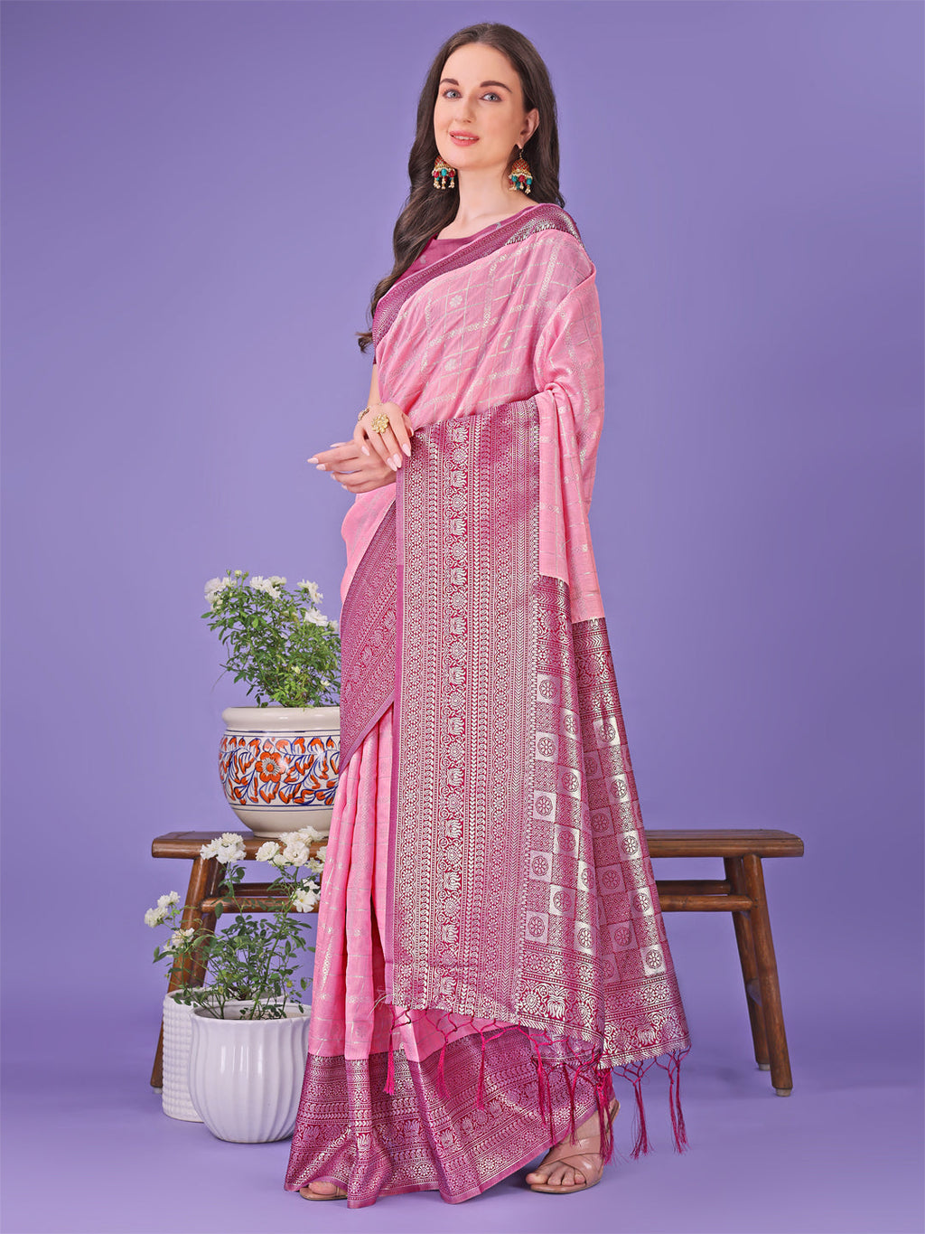 Shree Shyam Fashion Vibrant Pink & Magenta Lichi Silk Saree with Rich Woven Border and Contrast Blouse - Festive & Wedding Wear | Grocsy