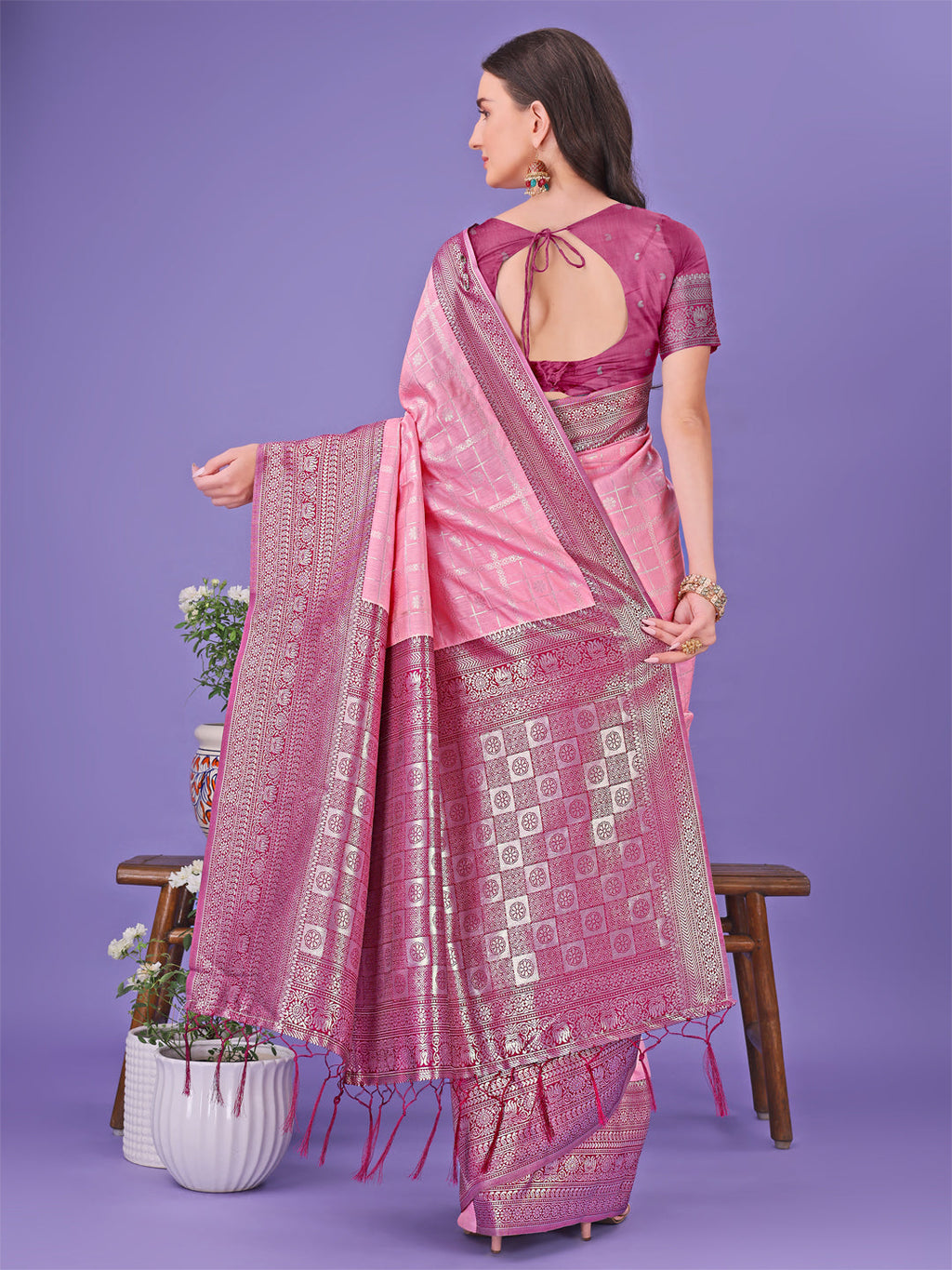 Shree Shyam Fashion Vibrant Pink & Magenta Lichi Silk Saree with Rich Woven Border and Contrast Blouse - Festive & Wedding Wear | Grocsy